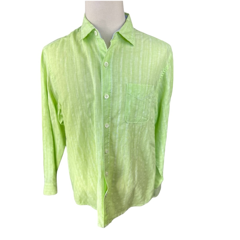 Tommy Bahama Size large men’s lime Green &white striped Casual Button Down Shirt